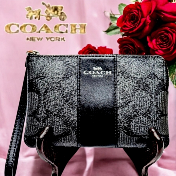 Coach Signature Black Corner Zip Wristlet
